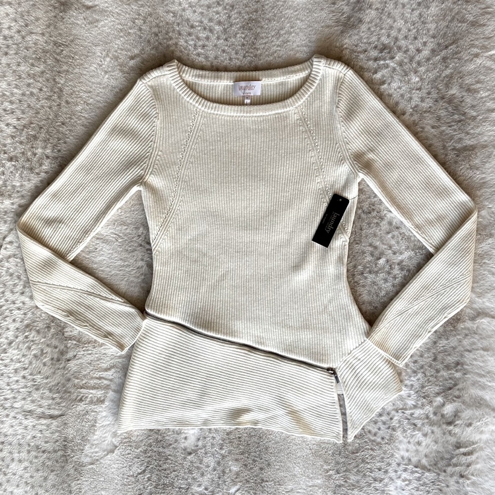 Laundry “Warm White” Ribbed Asymmetrical Sweater
